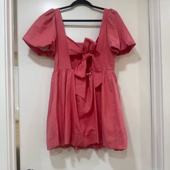 NWT Zara Linen Blend Short Sleeve Mini Dress Bow Size Large Coral Pink - Picture 2 of 13
